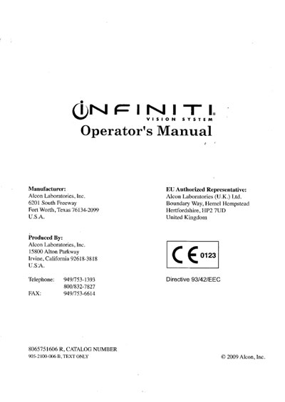 Инструкция оператора Operator manual на Infiniti vision system [Alcon]