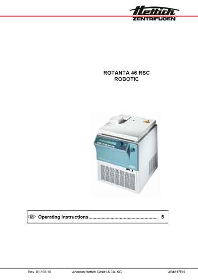 Инструкция по эксплуатации, Operation (Instruction) manual на Лаборатория-Центрифуга Rotanta 46 RSC Robotic