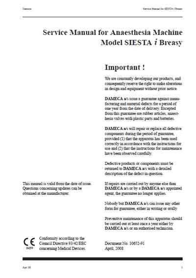 Сервисная инструкция, Service manual на ИВЛ-Анестезия Siesta i Breasy (2009, 176 стр.)