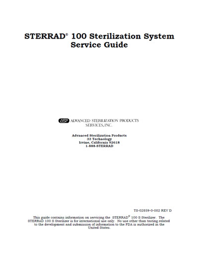 Сервисная инструкция Service manual на Стерилизатор Sterrad 100 [Johnson & Johnson]