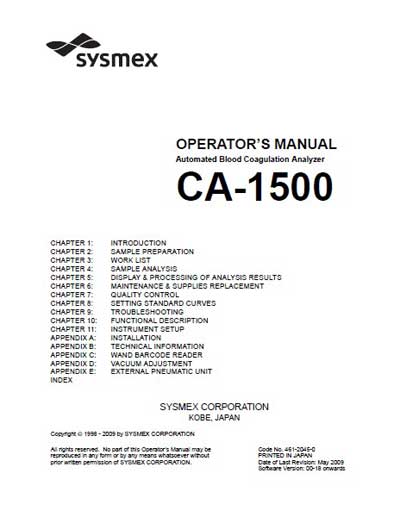 Инструкция оператора, Operator manual на Анализаторы-Коагулометр CA-1500 (Rev 2009)