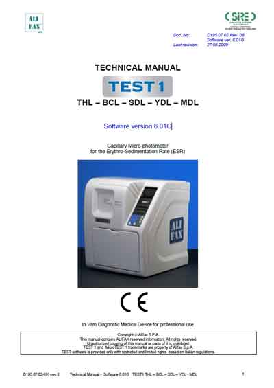 Техническая документация, Technical Documentation/Manual на Анализаторы Alifax TEST1 (Version 6.01G) СОЭ