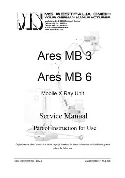 Сервисная инструкция, Service manual на Рентген Ares MB3, MB6 (MS Westfalia)