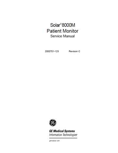 Сервисная инструкция Service manual на Solar 8000M (2000701-123 Rev C) [General Electric]
