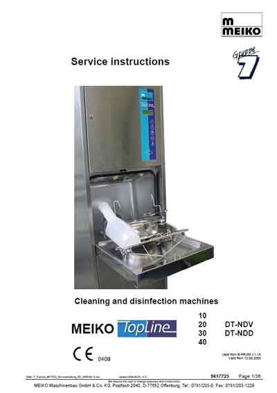 Сервисная инструкция, Service manual на Стерилизаторы Моюще-дезинфицирующая машина TopLine 10, 20, 30, 40 DT-NDV, DT-NDD (Meiko)