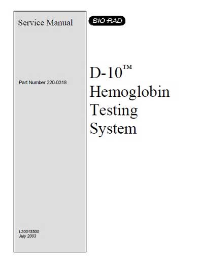 Сервисная инструкция, Service manual на Анализаторы Гемоблобинометр D10 (L20015500 July 2003)