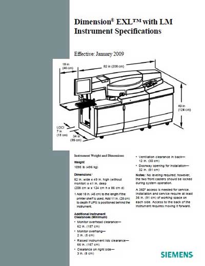 Технические характеристики Specifications на Dimension Exl with LM Instrument Specifications [Siemens]