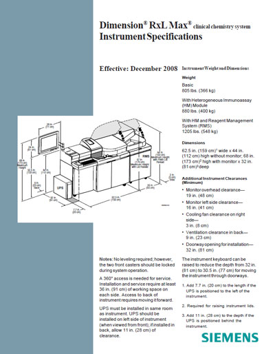Технические характеристики Specifications на Dimension Rxl max Instrument Specifications [Siemens]