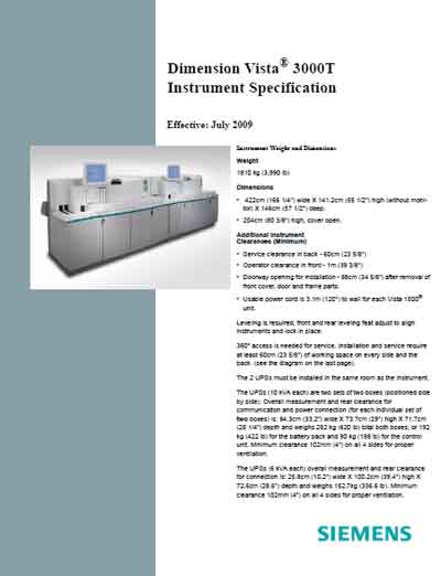 Технические характеристики, Specifications на Анализаторы Dimension vista 3000t Instrument Specification