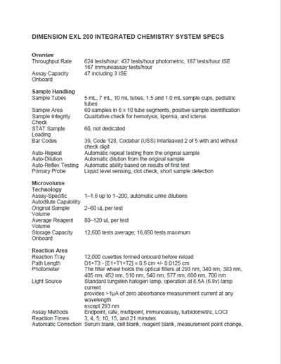 Технические характеристики Specifications на Dimension Exl 200 Integrated Chemistry System Specifications [Siemens]