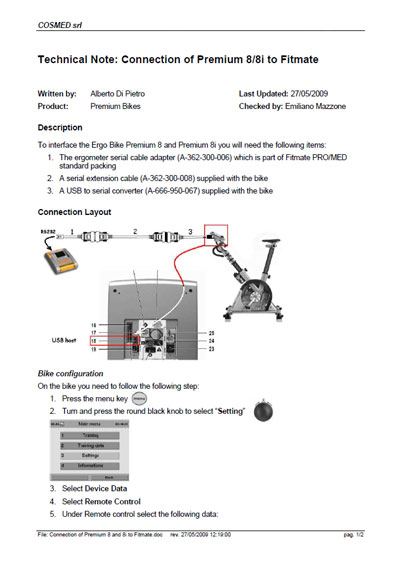 Техническая документация, Technical Documentation/Manual на Диагностика Велоэргометр Connection of Premium 8/8i to Fitmate