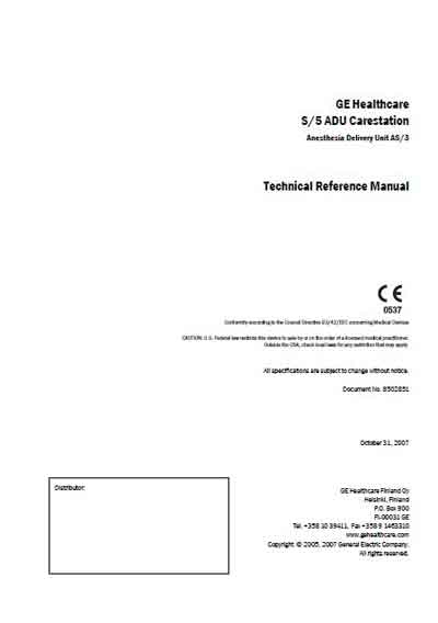 Техническая документация Technical Documentation/Manual на Наркозная станция S/5 ADU Carestation [General Electric]