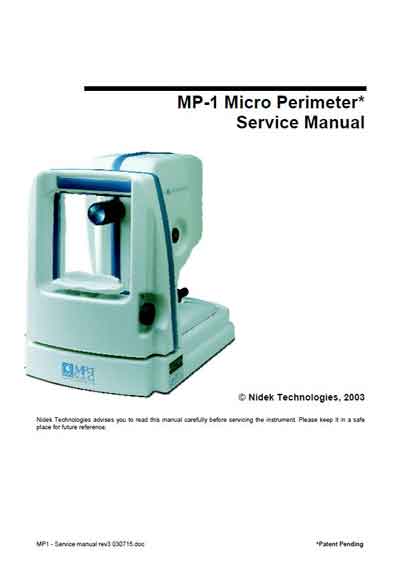 Сервисная инструкция, Service manual на Диагностика Фундус-микропериметр MP-1 Micro Perimeter