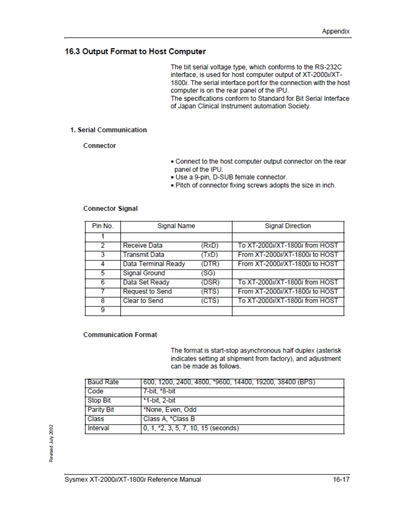 Справочные материалы Reference manual на XT-2000i/XT-1800i (16.3 Output Format to Host Computer) [Sysmex]