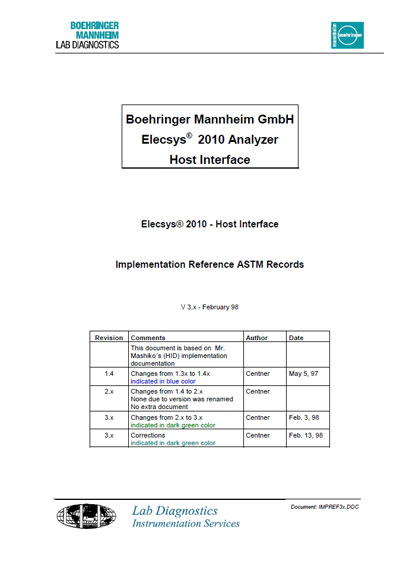 Техническая документация, Technical Documentation/Manual на Анализаторы Elecsys-2010 (Host Interface) [Boehringer]