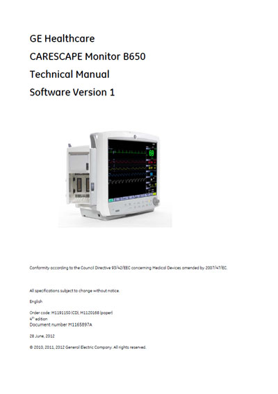 Техническая документация Technical Documentation/Manual на Carescape B650 Ver 1 2012 [General Electric]