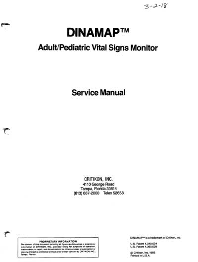 Сервисная инструкция Service manual на Dinamap Adult-Pediatric [Critikon]