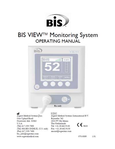 Инструкция по эксплуатации Operation (Instruction) manual на Система мониторинга BIS VIEW [Aspect Medical Systems]