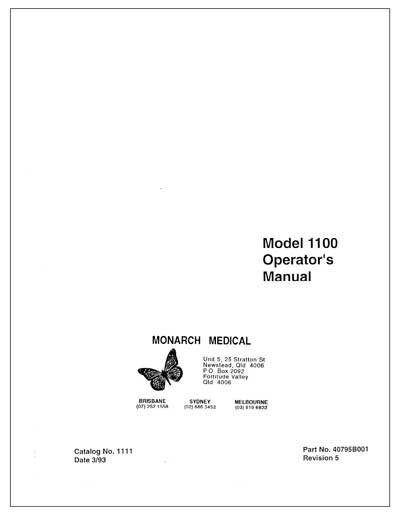 Инструкция оператора Operator manual на 1100 model (Monarch medical) [Criticare]