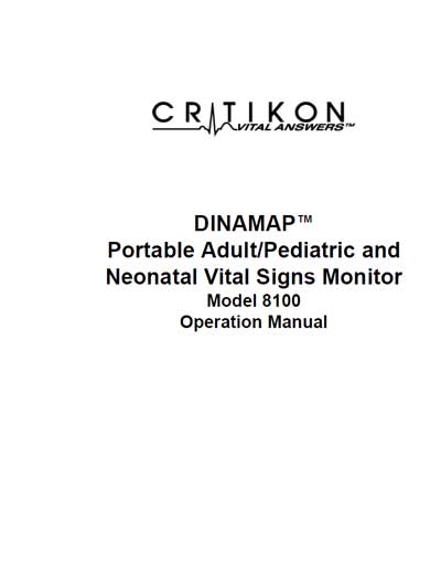 Инструкция по эксплуатации Operation (Instruction) manual на Dinamap Model 8100 (59 стр) [Critikon]