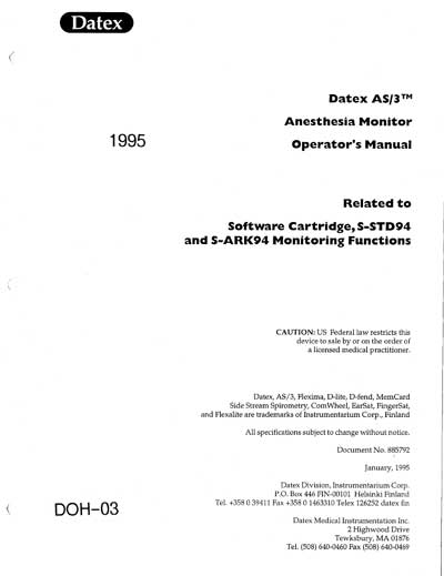 Инструкция по эксплуатации Operation (Instruction) manual на AS-3 Anesthesia Monitor [Datex-Ohmeda]