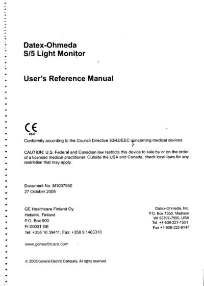 Инструкция пользователя User manual на S/5 Light Monitor (October 2005) [Datex-Ohmeda]