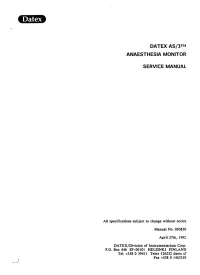 Сервисная инструкция Service manual на AS-3 Anesthesia Monitor [Datex-Ohmeda]