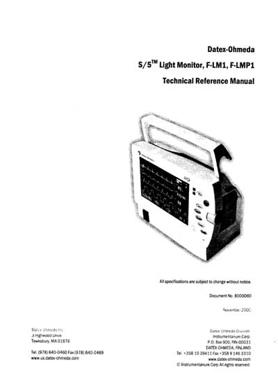 Техническая документация Technical Documentation/Manual на S/5 Light Monitor, F-LM1, F-LMP1 (November 2000) [Datex-Ohmeda]
