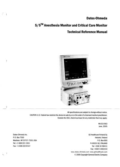 Техническая документация, Technical Documentation/Manual на Мониторы S/5 Anesthesia & Critical Care monitor (2005)
