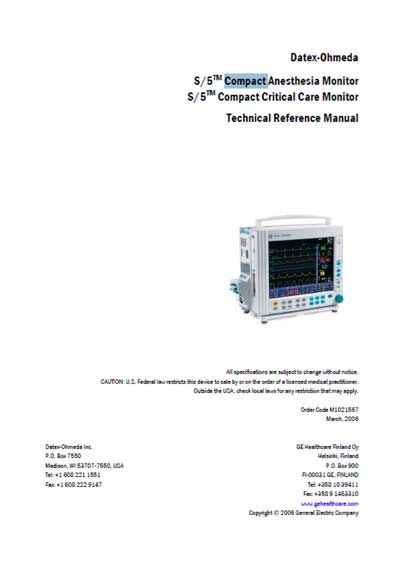 Техническая документация Technical Documentation/Manual на S/5 Compact Anesthesia & Critical Care monitor (2006) [Datex-Ohmeda]