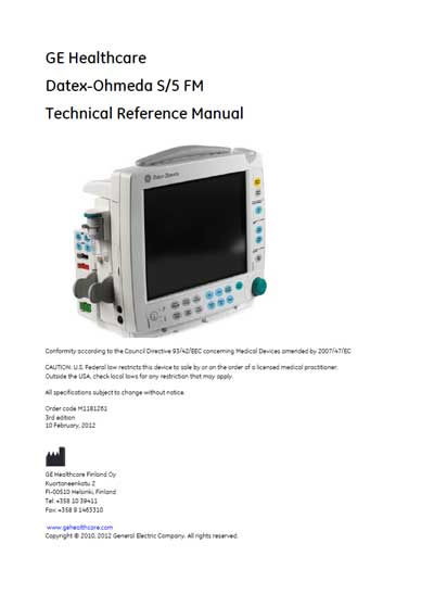 Техническая документация Technical Documentation/Manual на S/5 FM [Datex-Ohmeda]