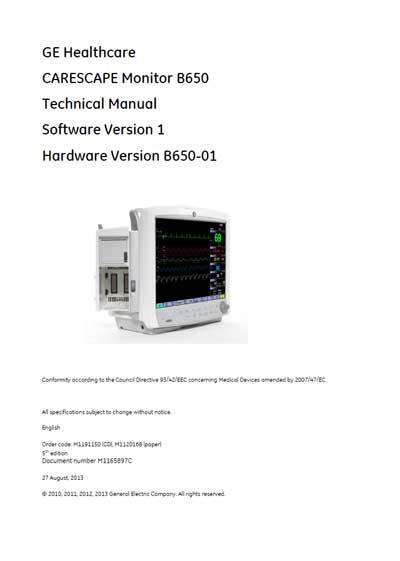 Техническая документация Technical Documentation/Manual на Carescape B650 Ver 1 2013 [General Electric]