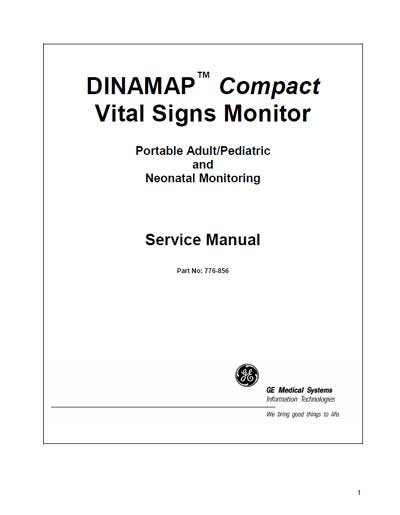 Сервисная инструкция Service manual на Dinamap Compact (Part No: 776-856) [General Electric]