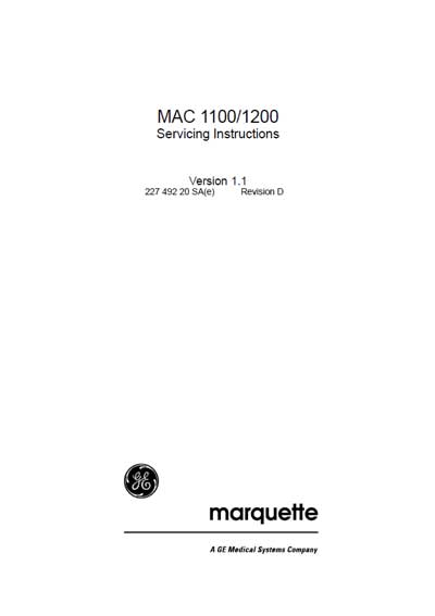 Сервисная инструкция Service manual на MAC 1100, 1200 Ver 1.1 (Marquette) [General Electric]