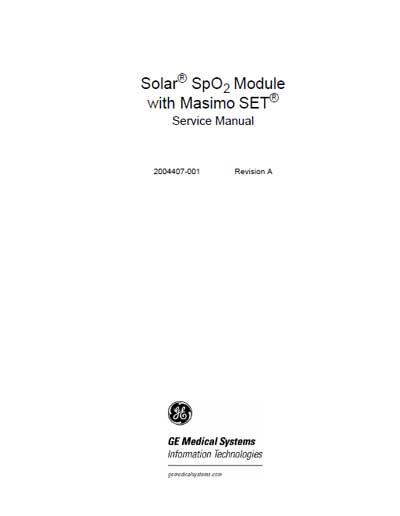 Сервисная инструкция, Service manual на Мониторы Solar SpO2  Module with Masimo SET