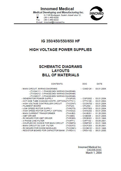Схема электрическая Electric scheme (circuit) на IG 350/450/550/650/850 HF High voltage power supplies [Innomed]