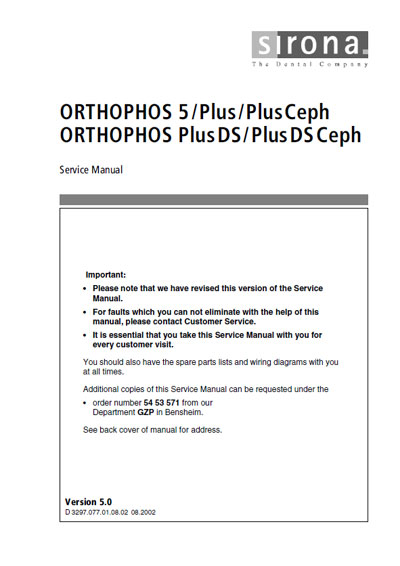 Сервисная инструкция, Service manual на Рентген Orthophos 5, Plus, Plus Ceph, Plus DS, Plus DS Ceph