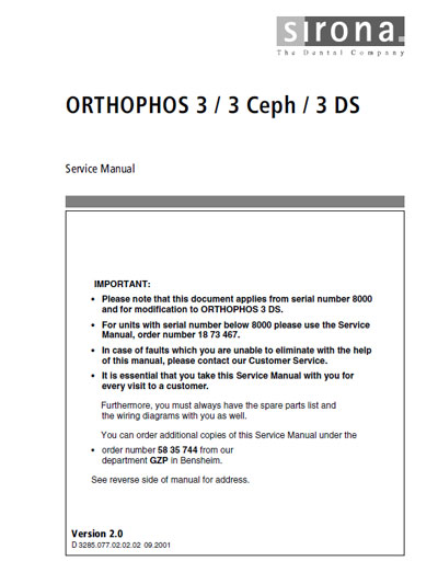 Сервисная инструкция, Service manual на Рентген Orthophos 3, 3 Ceph, 3 DS