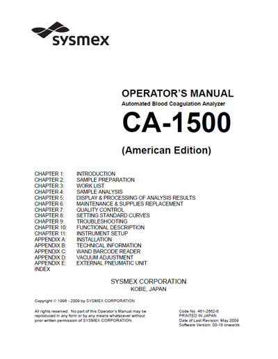 Инструкция оператора, Operator manual на Анализаторы-Коагулометр CA-1500 (Rev 2009 American Edition)