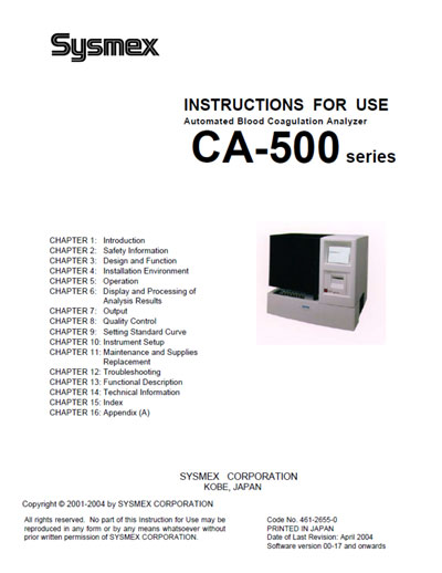 Инструкция пользователя User manual на CA-500 series [Sysmex]