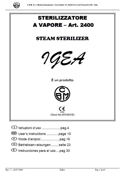 Инструкция по экспл. и обслуживанию, Operating and Service Documentation на Стерилизаторы Igea Art.2400 (C.B.M.)