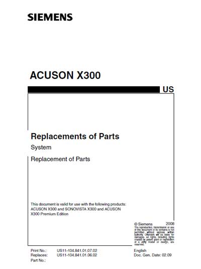 Инструкция, руководство по ремонту Repair Instructions на Acuson x300 Replacements of Parts [Siemens]
