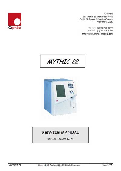 Сервисная инструкция, Service manual на Анализаторы Mythic 22 (Orphee)