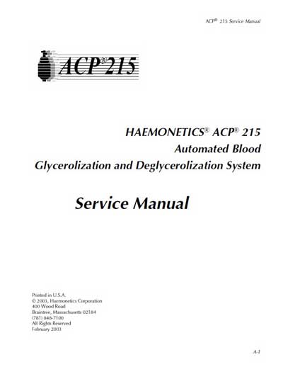 Сервисная инструкция Service manual на ACP 215 [Haemonetics]