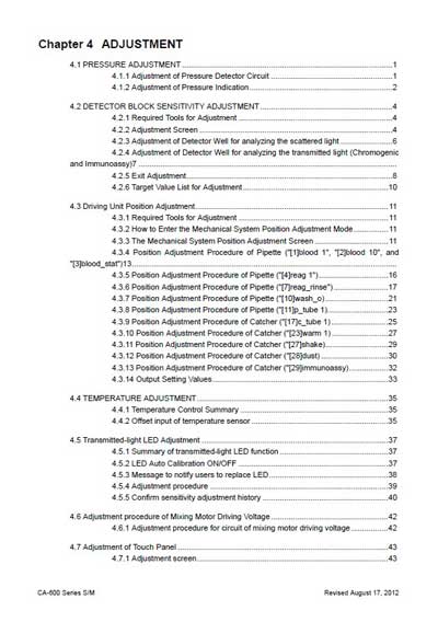 Сервисная инструкция, Service manual на Анализаторы-Коагулометр CA-600 Chapter 4 Adjustment