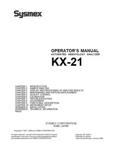 Инструкция оператора Operator manual на KX-21 [Sysmex]