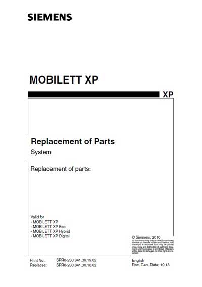 Каталог (элементов, запчастей и пр.), Catalogue, Spare Parts list на Рентген Mobilett XP (Replacement of Parts)