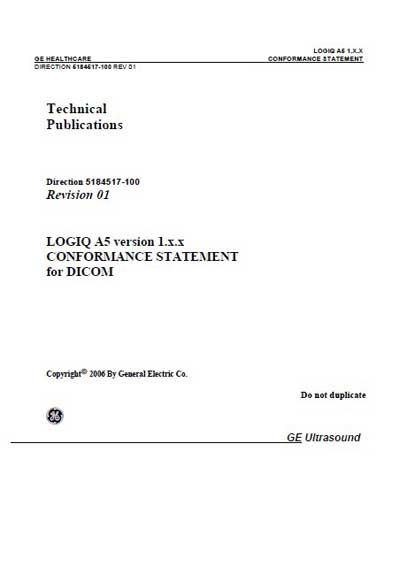 Техническая документация, Technical Documentation/Manual на Диагностика-УЗИ Logiq A5 CPU Conformance Statement for Dicom