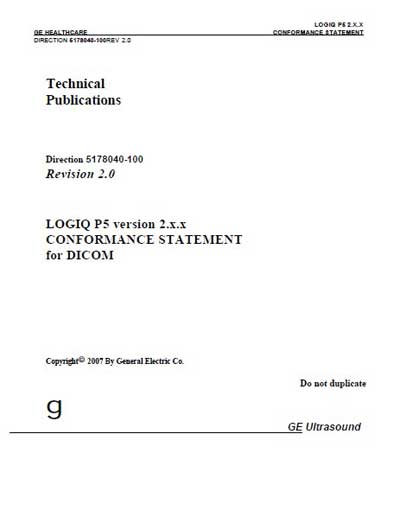 Техническая документация, Technical Documentation/Manual на Диагностика-УЗИ Logiq P5 Conformance Statement for Dicom