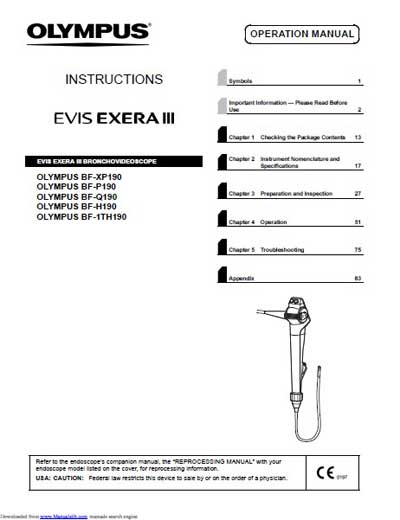 Инструкция по эксплуатации Operation (Instruction) manual на EVIS EXERA III BF-XP190,P190,Q190,H190,1TH190 [Olympus]